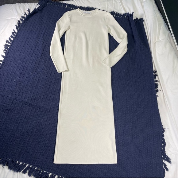 ZARA Ribbed Knit Maxi Dress Cream Long Sleeve Minimalist Bodycon M - Picture 1 of 7